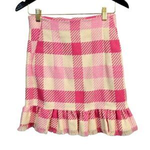 Uterque | Tweed Gingham Plaid Ruffle Skirt Pink White NWT